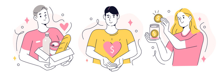 Charity and donation set. Volunteers collecting money in jar and food in box. Volunteering, support, humanitarian assistance concept. Vector illustration.