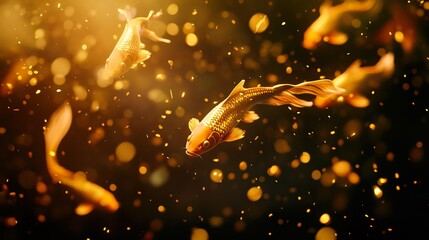 Golden Koi Fish Swimming in a Dark Aquarium