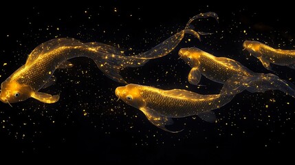 Golden Koi Fish Swimming in a Dark Aquarium