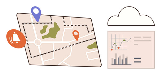 Map with location markers, notification icon, data graphs, and cloud symbol. Ideal for data analysis, GPS services, cloud computing, navigation business insights alerts infographics. Modern flat