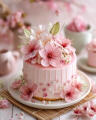 Sakura Cream Cake with Cherry Blossom Decoration and Glaze &ndash; Japanese Seasonal Dessert &ndash; Pink Floral Cake,
Delicate pink cake adorned with elegant flowers for a charming celebration.