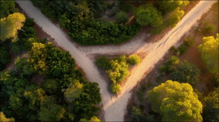 Aerial view of a T-shaped junction with three paths surrounded by dense greenery, one vertical and...