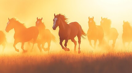 Herd of Wild Horses Running at Sunset