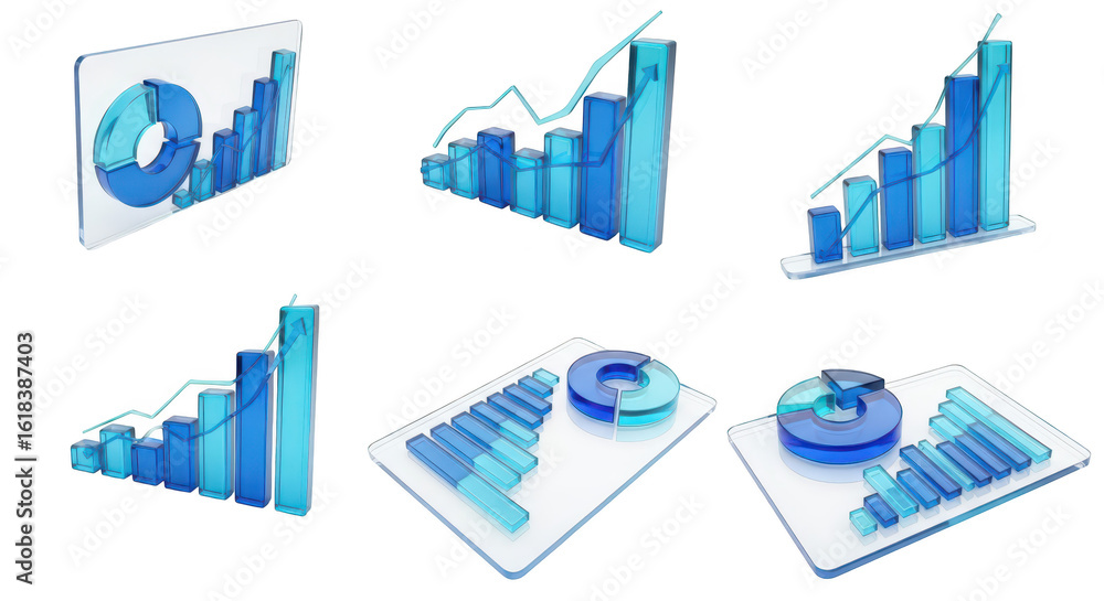 Poster 3d transparent charts displaying rising financial data over white for business reports and presentat