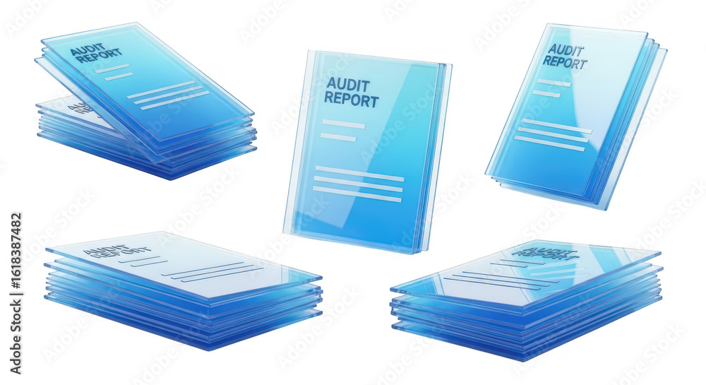 Poster transparent audit reports floating on a white background illustrating financial analysis and busines