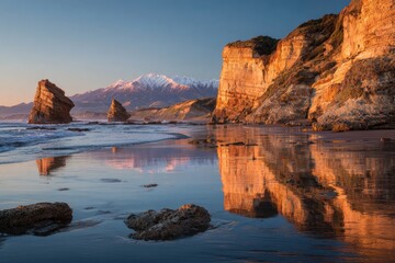 Coastal sunrise, rocky shore, mountain reflection