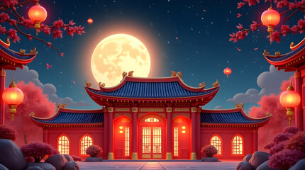 Night themed Mooncake festival banner illustration. To commemorate and celebrate the end of the autumn harvest ambience with Red Chinese building and moon with starry night as background.
