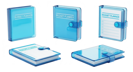 Five budget planners closed and open on a reflective white surface showing various stages for financial planning or organization
