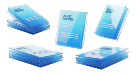 Transparent audit reports floating on a white background illustrating financial analysis and business performance reviews