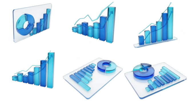 3D transparent charts displaying rising financial data over white for business reports and presentations
