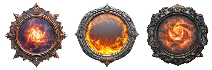 Fantasy Dimensional Gateway in Decorative Vintage Mirror Frame with Swirling Flame Energy Isolated on Transparent Background
