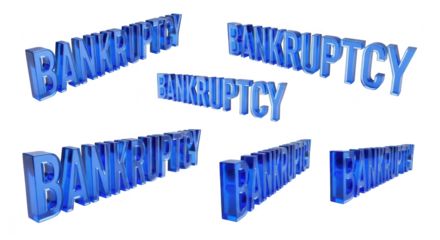 Blue 3D Bankruptcy text scattered on white background illustrating financial distress for use in business publications