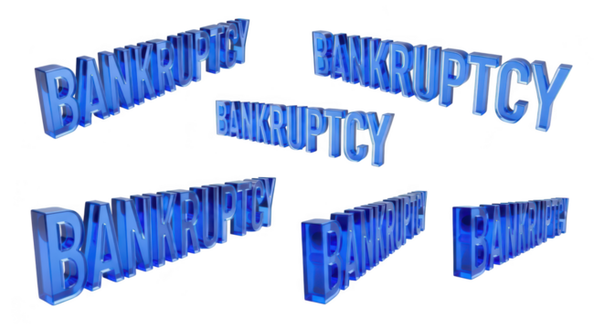 Blue 3D Bankruptcy text scattered on white background illustrating financial distress for use in business publications