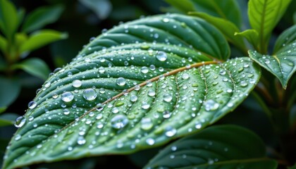 Fresh Green Leaves with Water Drops on a Vibrant Natural Background in Daylight