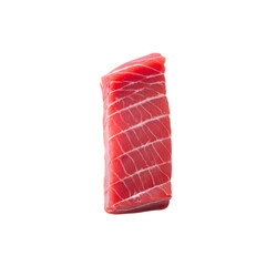 Fresh slices of raw salmon sushi on a clean white background