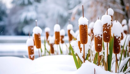 Snowy cattails by a frozen lake