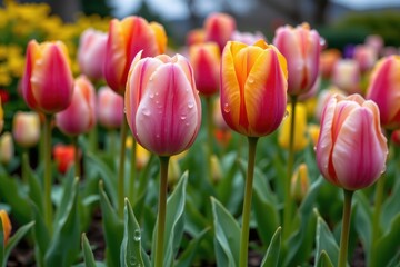 Vibrant Pink and Yellow Tulips with Dewdrops in a Colorful Garden Setting