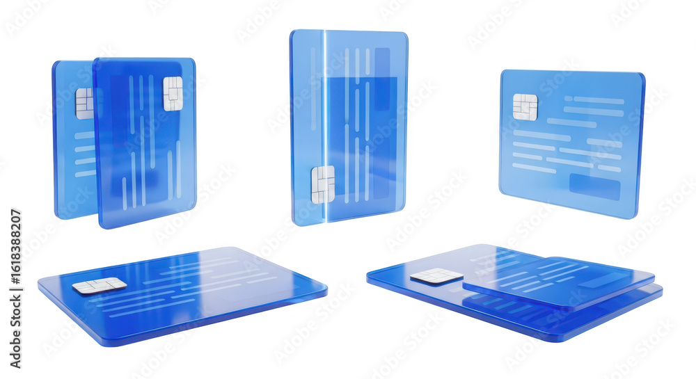 Poster transparent blue cards hovering with glowing lines depicting digital connection on a white backgroun