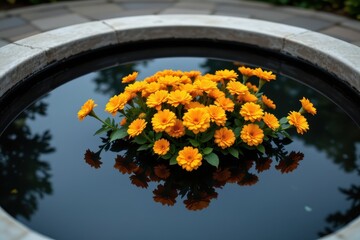 Vibrant Yellow Flowers Floating on Calm Water Surface in a Serene Outdoor Setting