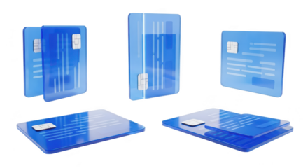 Transparent blue cards hovering with glowing lines depicting digital connection on a white background used for payment or banking