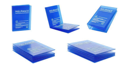 Rendered images of blue translucent insurance documents displayed in different orientations on a white background suitable for financial or business content