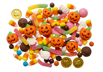 Colorful Halloween Candy Pile with Pumpkins and Gummy Worms
