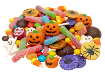 Colorful Halloween Candy Pile with Pumpkins and Gummy Worms