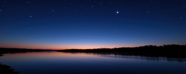 Serene Twilight Over Calm Water with Stars and Horizon in Majestic Nature Scene