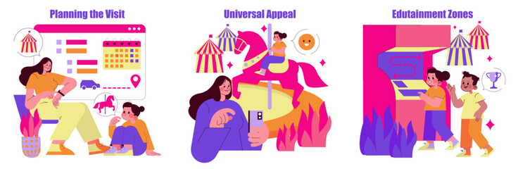 Family Theme Park Planning and Fun Activities Vector