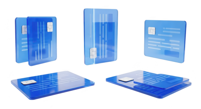 Transparent blue cards hovering with glowing lines depicting digital connection on a white background used for payment or banking