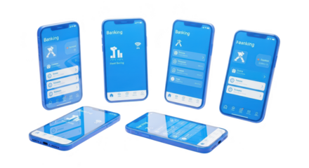 Blue smartphones displaying banking app interface on a white surface illustrating financial services & mobile technology use