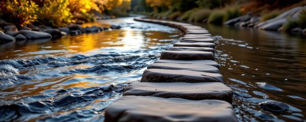 Tranquil Stream with Stepping Stones Surrounded by Autumn Foliage and Water Reflection