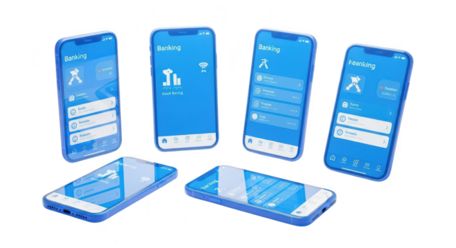 Blue smartphones displaying banking app interface on a white surface illustrating financial services & mobile technology use - Powered by Adobe