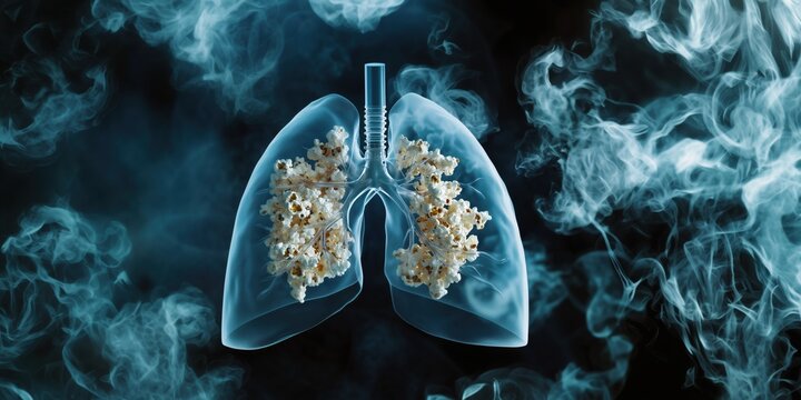 Lungs filled with popcorn surrounded by smoke is a metaphor for "popcorn sickness" as a consequence of vaping. The image highlights the paradox: lungs affected by a seemingly harmless product.