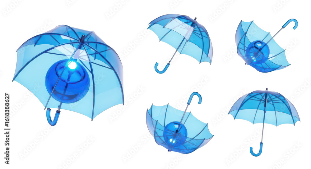 Poster transparent blue umbrella with a smiling orb displayed in various positions against a white backgrou