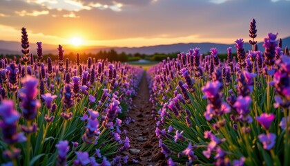 Breathtaking Lavender Field at Sunset with Colorful Skies and Beautiful Blooms