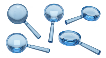 Five transparent magnifying glasses are scattered on a white background showcasing detail discovery and analysis for investigation and research purposes