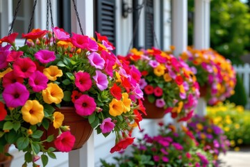 Vibrant Hanging Flower Baskets in a Lush Garden Setting on a Sunny Day
