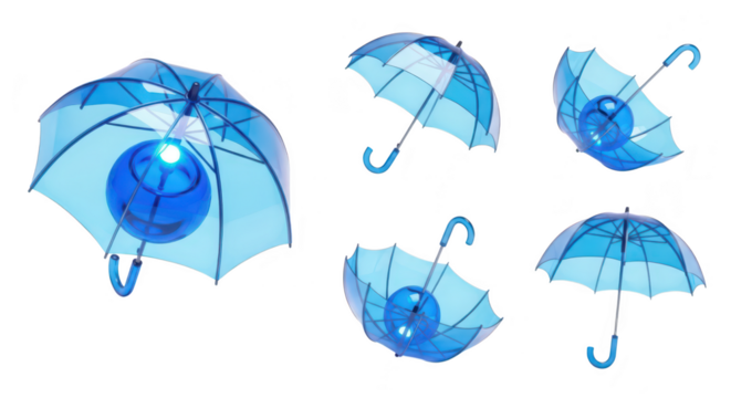Transparent blue umbrella with a smiling orb displayed in various positions against a white background; suitable for weather protection or technology concepts