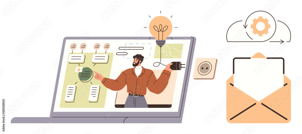 Poster man explaining a workflow on laptop screen with lightbulb, plug, and envelope. ideal for technology,