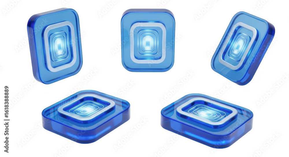 Poster blue glowing digital squares rotate on a white background representing futuristic technology suitabl