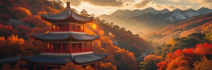 Pagoda Temple in Autumn Landscape with Colorful Trees and Mountain Backdrop