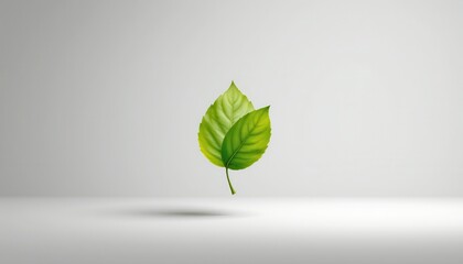Single Green Leaf Floating Above a Minimalist White Background with Soft Shadows