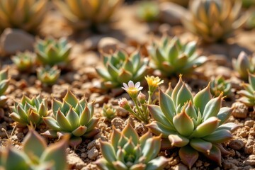 Vibrant Succulent Garden with Colorful Flowers on Sunlit Gravel Surface