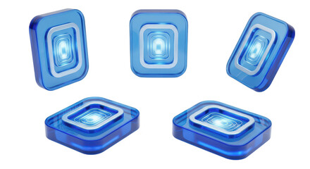 Blue glowing digital squares rotate on a white background representing futuristic technology suitable for interface or data design