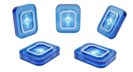 Blue glowing digital squares rotate on a white background representing futuristic technology suitable for interface or data design