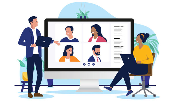 A diverse business team having an online video conference meeting at work, using a large monitor and laptops, representing remote collaboration and virtual communication in flat design vector