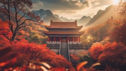 Traditional Asian Temple in Autumn Landscape with Vibrant Foliage and Mountains
