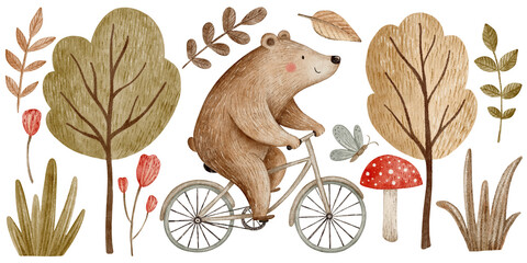 A bear rides a bicycle through the forest. Watercolor illustration features leaves, trees, and mushrooms. Perfect for children’s nature-themed design. Transparent background