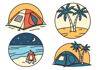 Icon Set Inspired by Beach Camping with Tents, Campfire, Palm Trees, Ocean, Moon, and Stars